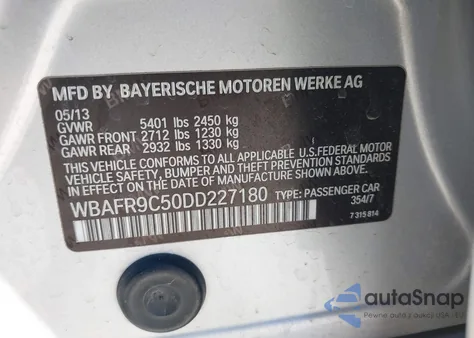2013 BMW 550I from USA, damaged, VIN WBAFR9C50DD227180